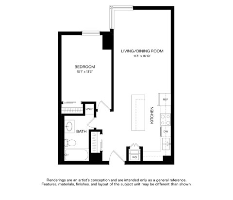 Floor plan for 1 bed, 1 bath, 619 sqft